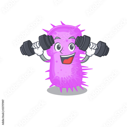Mascot design of smiling Fitness exercise acinetobacter baumannii lift up barbells