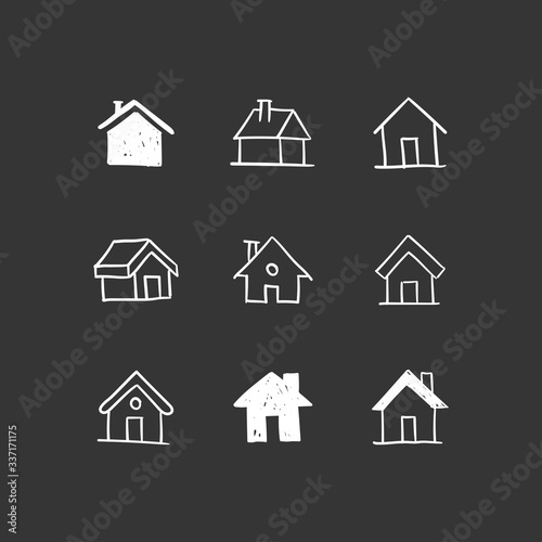 House doodle icons. Graphic design elements for stay at home campaign. Hand drawn illustrations.