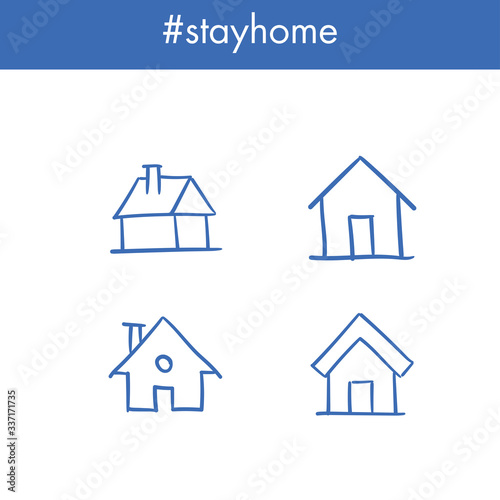 House doodle icons. Graphic design elements for stay at home campaign. Hand drawn illustrations.