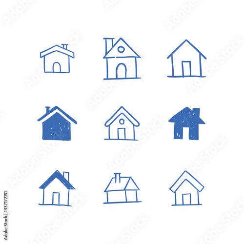 House doodle icons. Graphic design elements for stay at home campaign. Hand drawn illustrations.