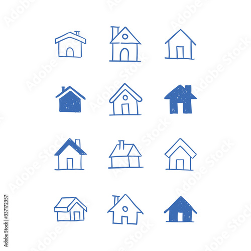 House doodle icons. Graphic design elements for stay at home campaign. Hand drawn illustrations.