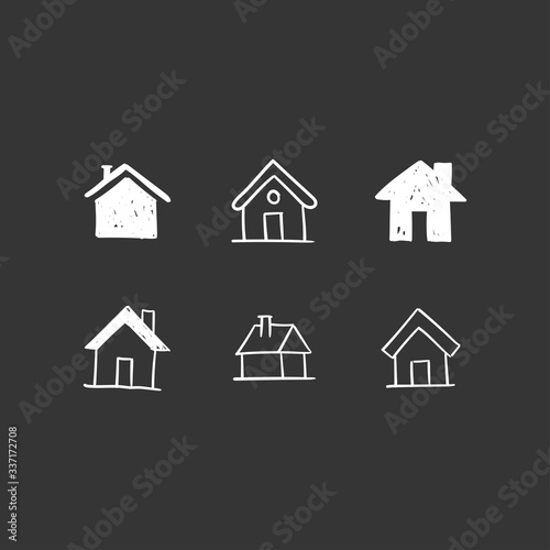 House doodle icons. Graphic design elements for stay at home campaign. Hand drawn illustrations.