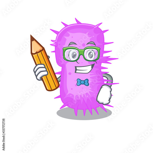 A brainy student acinetobacter baumannii cartoon character with pencil and glasses