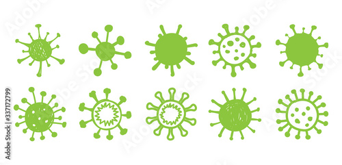 Coronavirus (COVID-19). Set of scribble green virus. Hand drawn style. Vector Illustration.