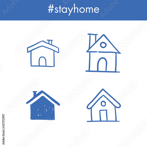 House doodle icons. Graphic design elements for stay at home campaign. Hand drawn illustrations.