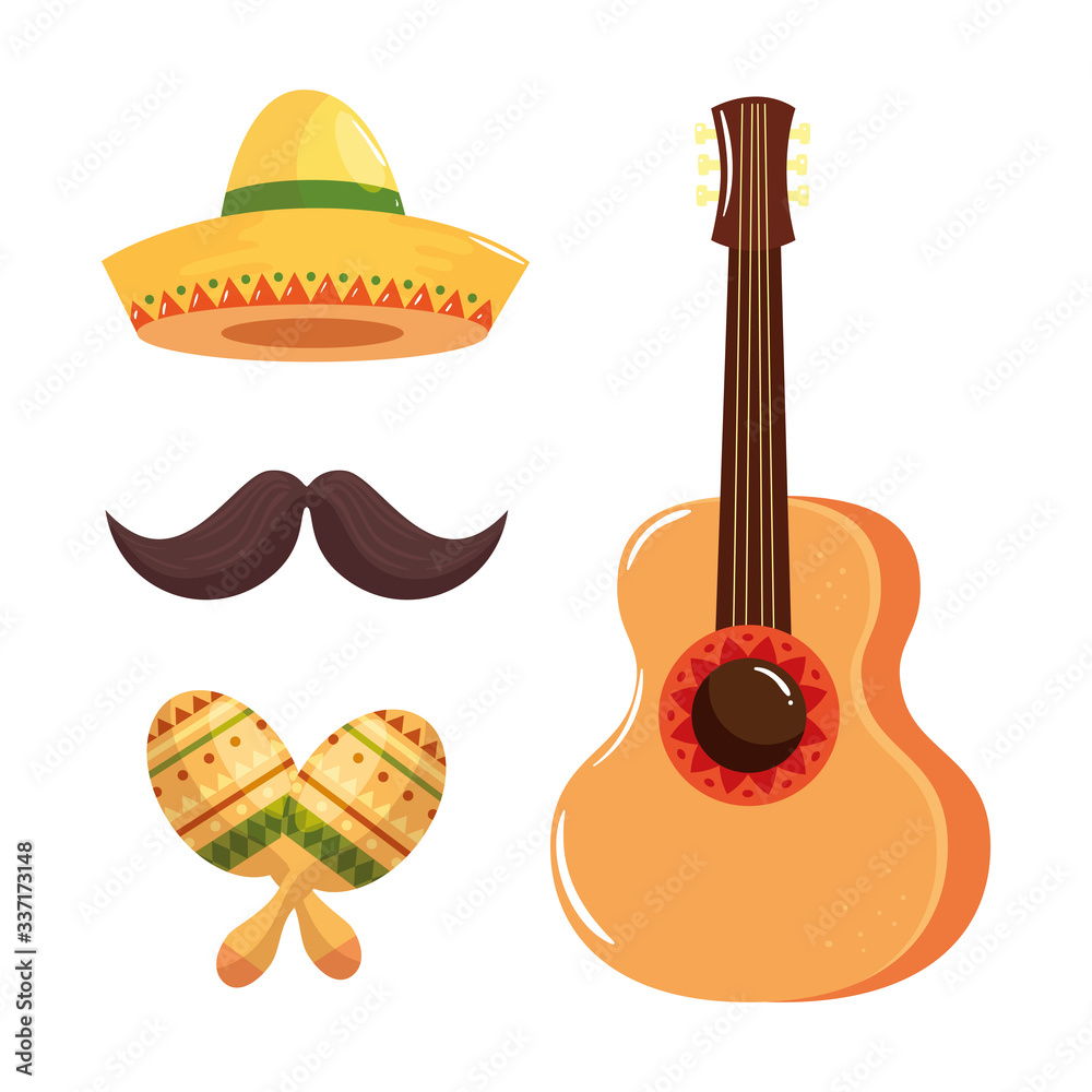 Mexican hat mustache maracas and guitar design, Mexico culture tourism landmark latin and party theme Vector illustration