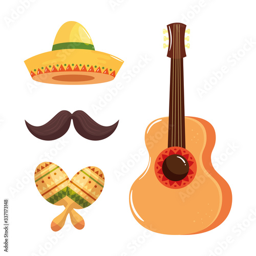 Mexican hat mustache maracas and guitar design, Mexico culture tourism landmark latin and party theme Vector illustration