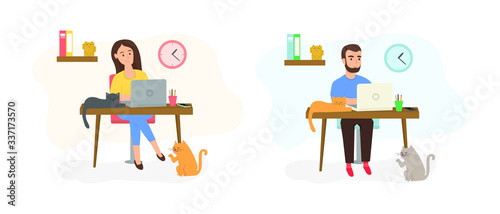 Working at home, coworking space, concept illustration, man and woman freelancers working on laptops and computers . People at home in quarantine. 