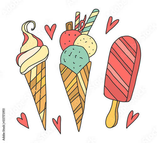 Vector colorful illustration of three ice cream in a cute cartoon style. Colorful youths in waffles and on a stick. Ice cream balls, cream ice cream, fruit ice lolly. Illustration and logo for a store