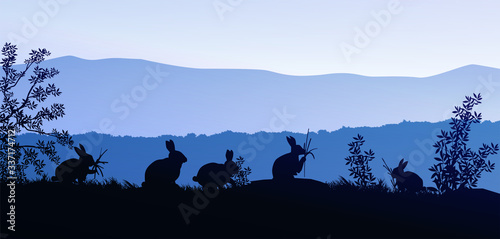 Group of rabbits in the meadow. Natural forest. Wild animals. Mountains horizon hills silhouettes. Sunrise and sunset. Landscape wallpaper. Illustration vector style. Colorful view background.