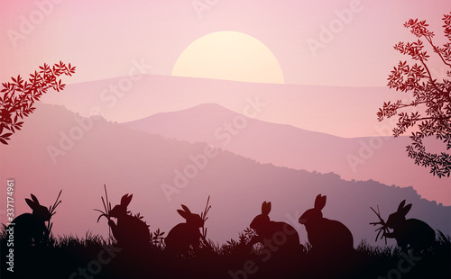 Group of rabbits in the meadow. Natural forest. Wild animals. Mountains horizon hills silhouettes. Sunrise and sunset. Landscape wallpaper. Illustration vector style. Colorful view background.