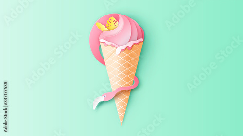 Illustration of pink flamingo ice cream melting and sprinkle the toppings with marshmallow tropical leaves shape. Ice cream design for Summer. paper cut and craft style. vector, illustration.