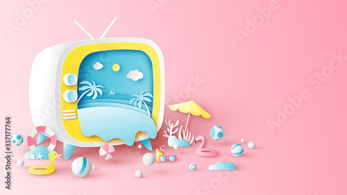 Illustration of sea scenery inside retro television screen decorated with beach equipment. Design retro television for Summer. Summer time. paper cut and craft style. vector, illustration.