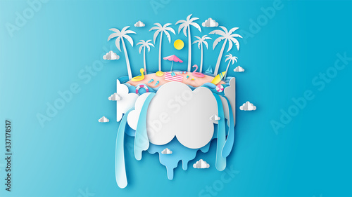 Abstract paper art of wonder island scenery in Summer. Wonderland sea. Graphic design for Summer. paper cut and craft style. vector, illustration.