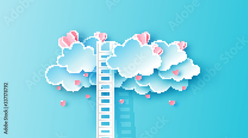 Adventure up to sky with stair go to find hearts in the clouds in Valentine's day. Graphic design for Valentine's day. paper cut and craft style. vector, illustration.