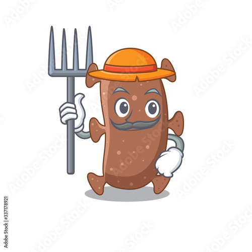 Cartoon character design of actinomyces israelii as a Farmer with hat and pitchfork
