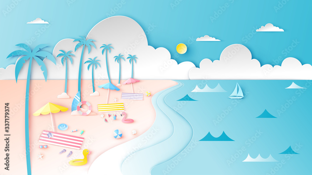Summer sea scenery with clear sky and beach equipment on sand beach. Sea landscape. Summer time. Paper cut and craft style. vector, illustration.