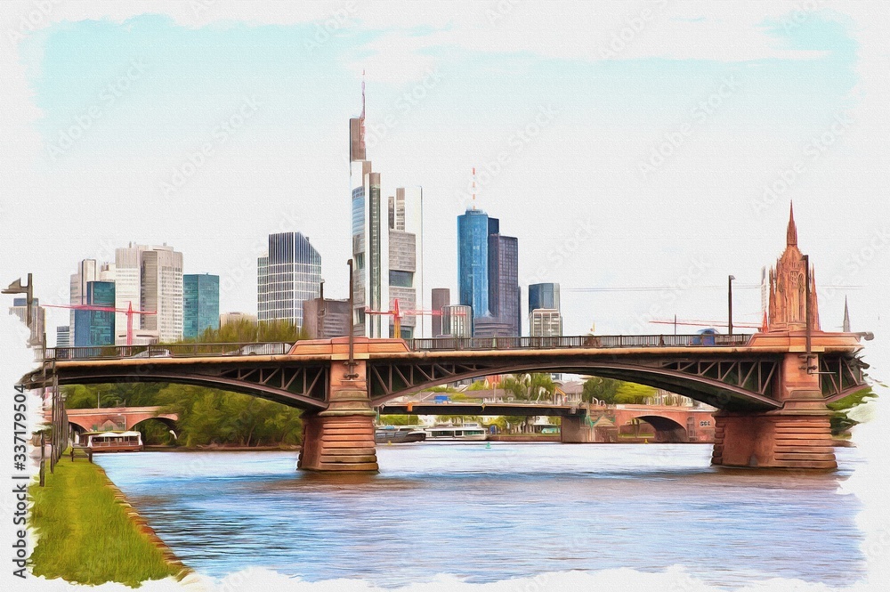 Frankfurt am Main, cityscape. Imitation of a picture. Oil paint. Illustration