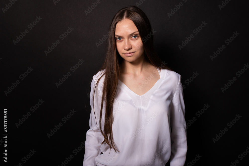 Beautiful girl with brown long hair and no makeup skin posing for photoshoot Beautiful girl with brown long hair and no makeup skin posing for photoshoot
