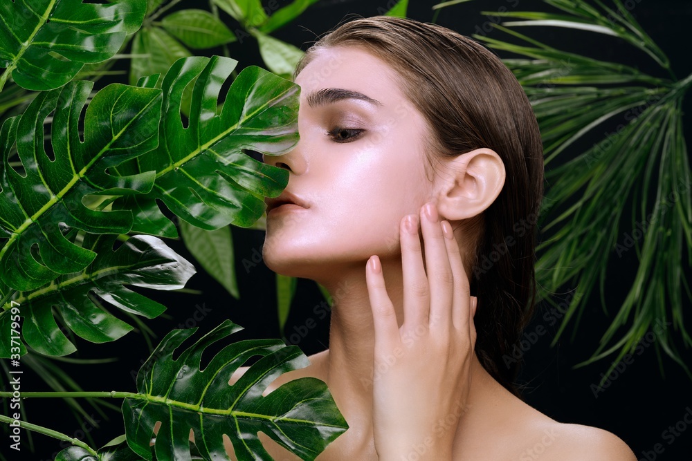 beautiful woman naked shoulders green leaves spa treatments beautiful woman naked shoulders green leaves spa treatments