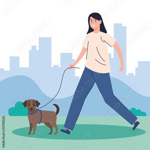 woman walking your dog in the park vector illustration design