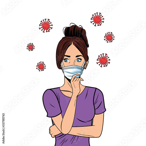 woman using face mask for covid19 pop art style
