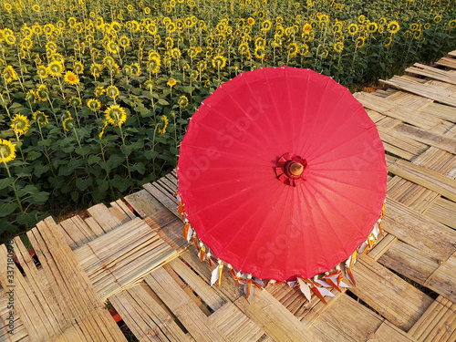 The red umbrella is beautifully decorated. Placed on a bamboo floor bridge and sun flowers in background