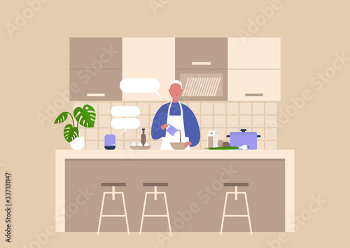 Young male character cooking food at the kitchen, healthy lifestyle, culinary blog, home assistant help, smart house