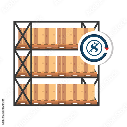 warehouse metal shelving with boxes and dollar symbol in forbidden sign vector illustration design