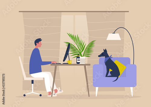 Young male character working from home, self isolation, workspace in the living room