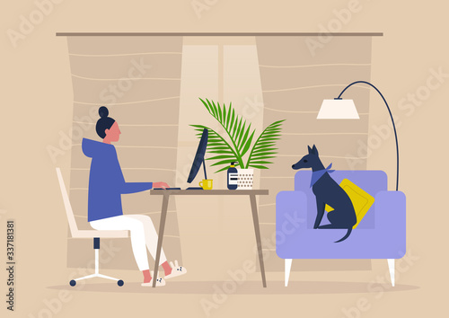 Young female character working from home, self isolation, workspace in the living room