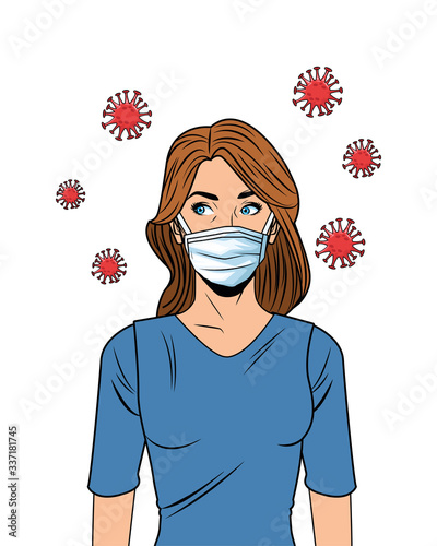 woman using face mask for covid19 pop art style