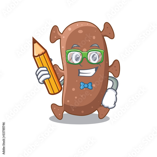 A brainy student actinomyces israelii cartoon character with pencil and glasses