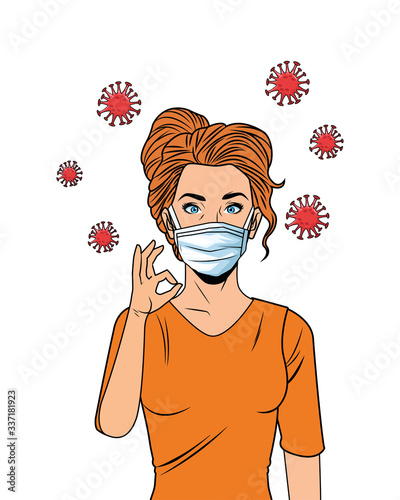 woman using face mask for covid19 pop art style