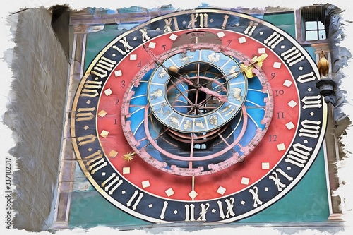 Bern city. Fragment zodiacal hours Clock Tower. Imitation of a picture. Oil paint. Illustration