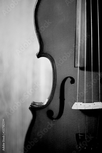mitad de un violin con fondo de color madera en blanco y negro photo