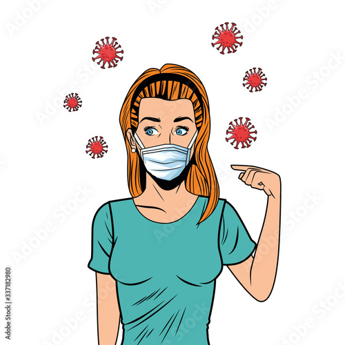 woman using face mask for covid19 pop art style