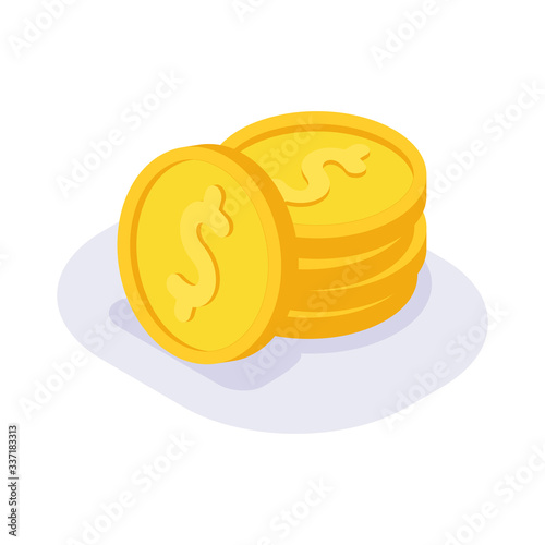 golden coin stack isometric icon with modern flat style color