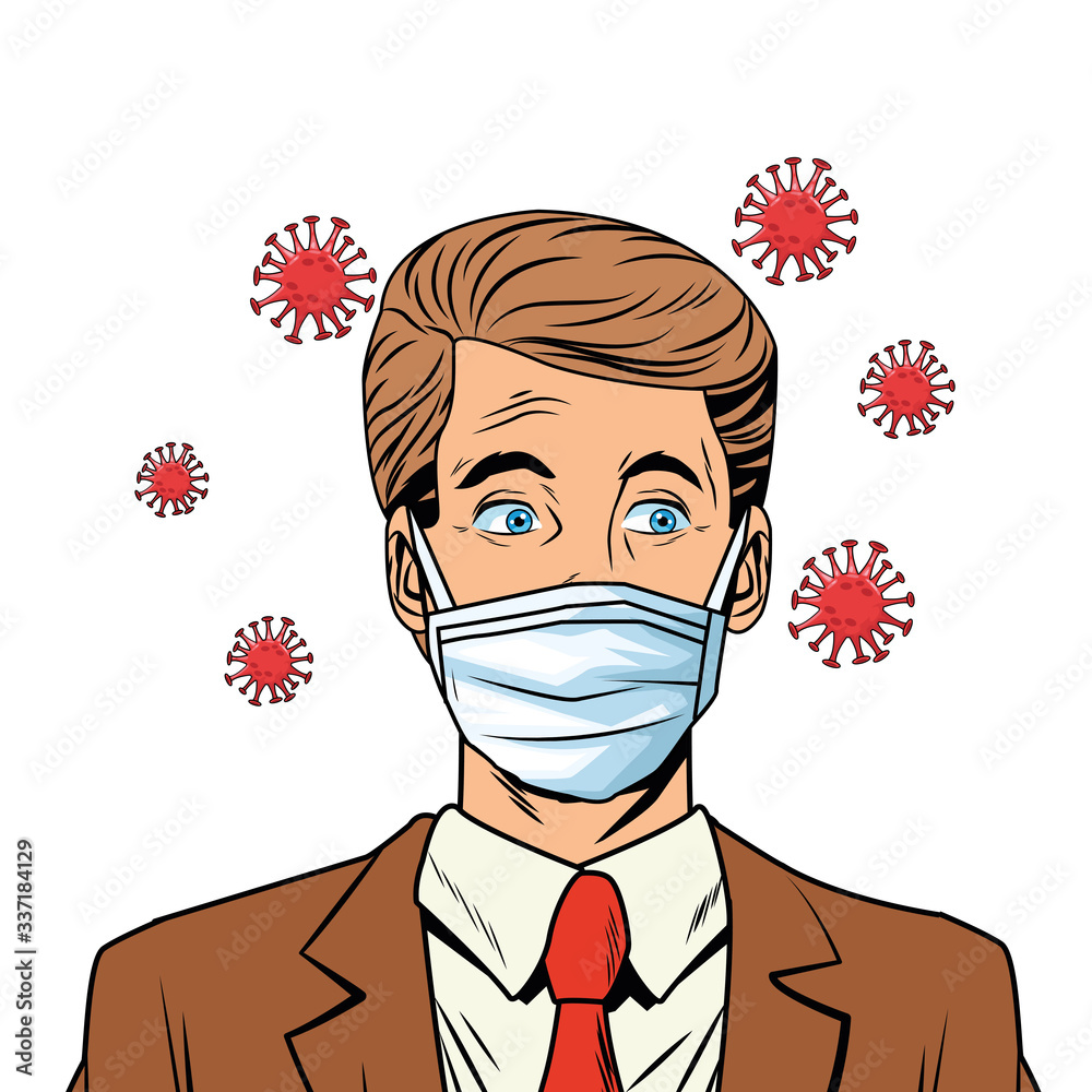 businessman using face mask and covid19 particles pop art style businessman using face mask and covid19 particles pop art style