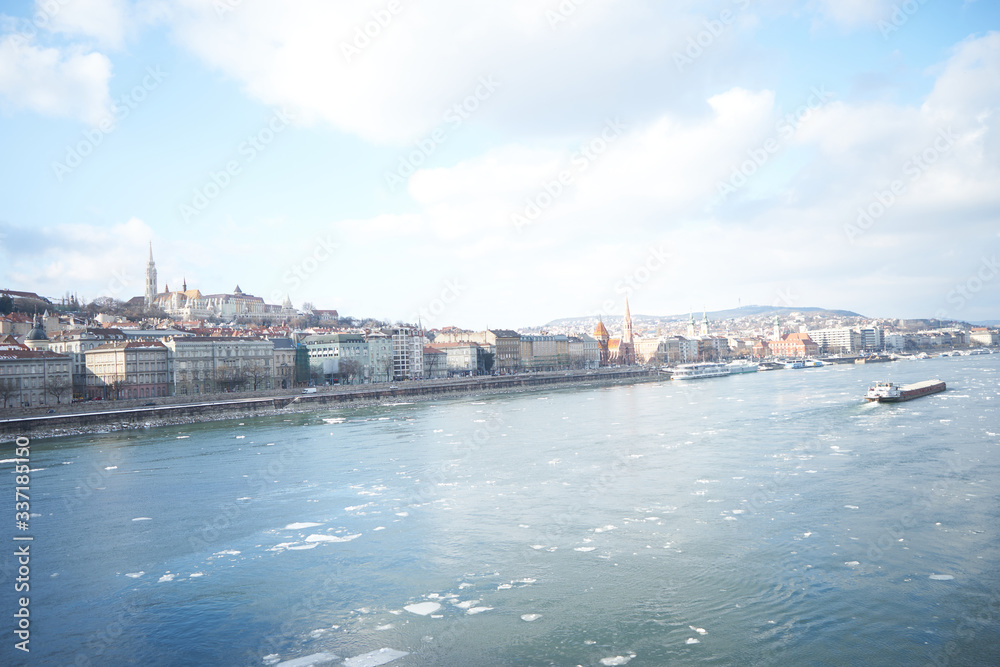 City panorama from the Szechenyi chain bridge in Budapest