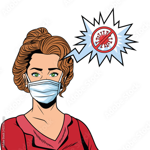 woman using face mask and stop covid19 message