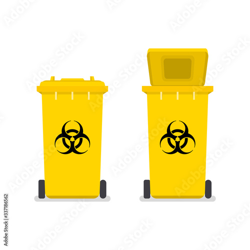 Medical waste bin. Contaminated waste sign. Biohazard trash garbage bin.