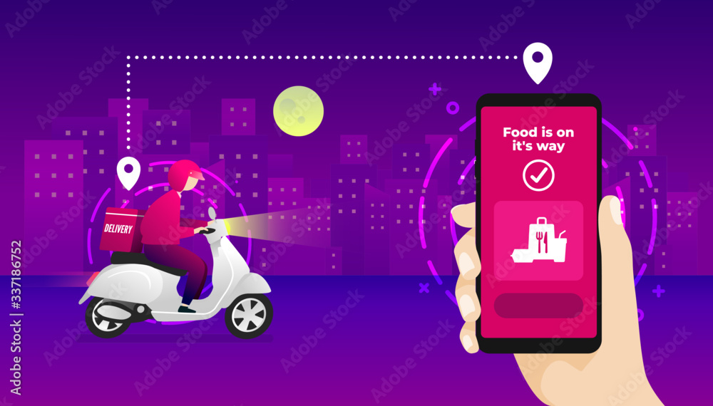 Night food delivery service by scooter with courier. Hand holding mobile application tracking a delivery man on a moped. city skyline in the night background.