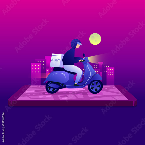 Night food delivery service by scooter with courier. Man courier riding scooter with parcel box on mobile phone and city background. Delivery service app on mobile phone.