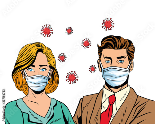 business couple using face mask and covid19 particles pop art style