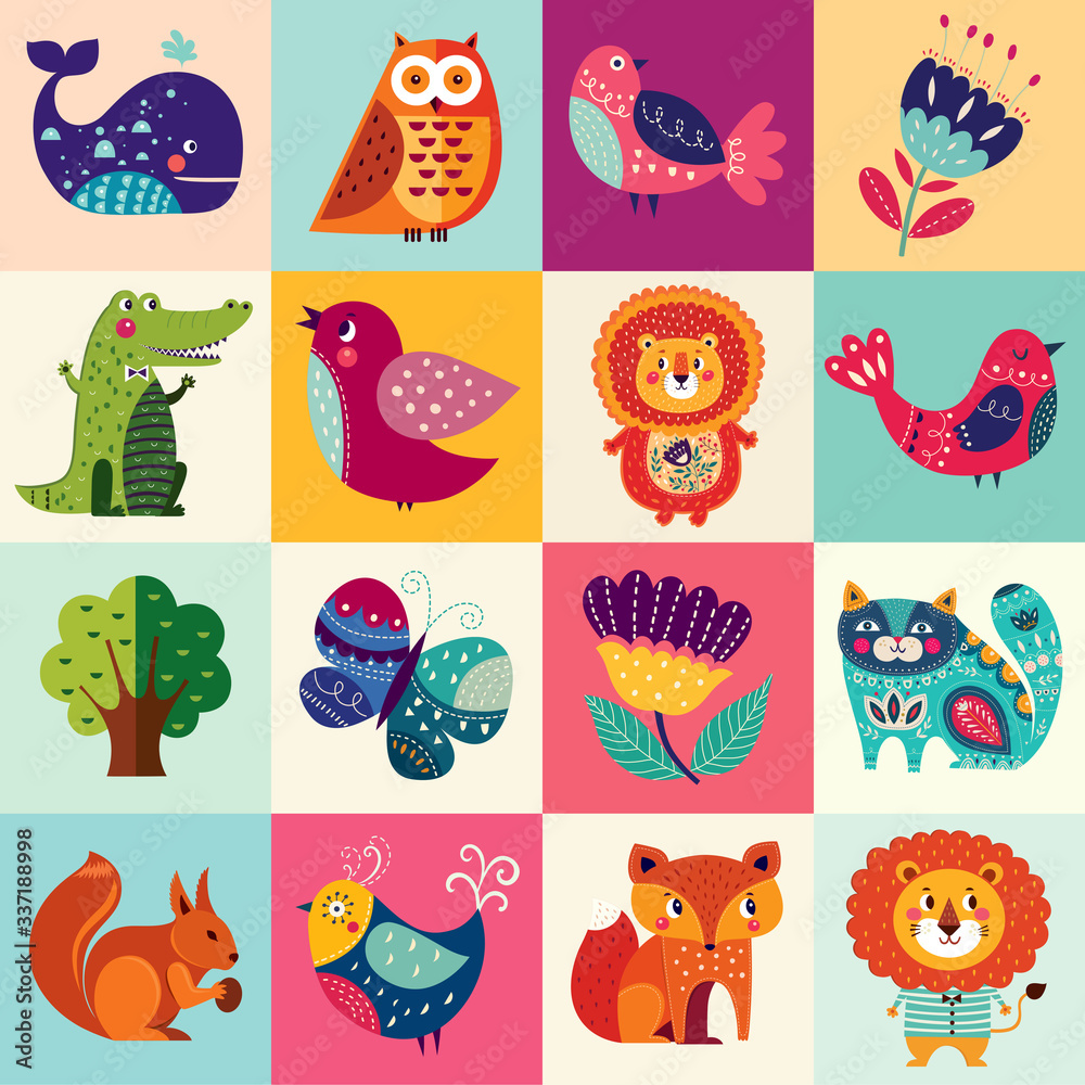 Colorful collection of funny baby animals owl, cat, bird, crocodile, lion, fox