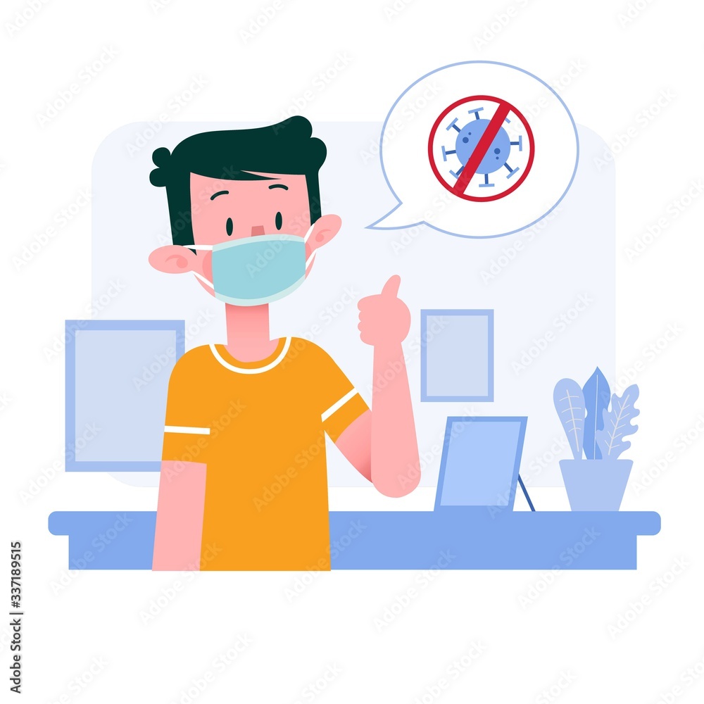 Young Man or Boy or Male or Person or Character Wearing Medical Mask at Home or Office. Flat Design. Illustration Concept. Isolated. Vector. EPS 10