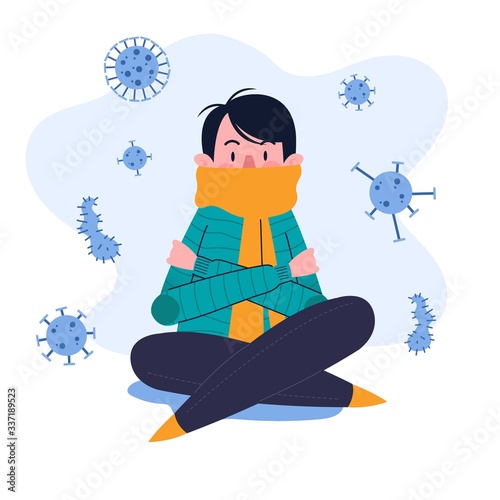 Young Man or Boy or Male or Person or Character Having Fever and Shivering in The Cold. Sickness Concept. Flat Design Illustration. Isolated. Vector. EPS 10