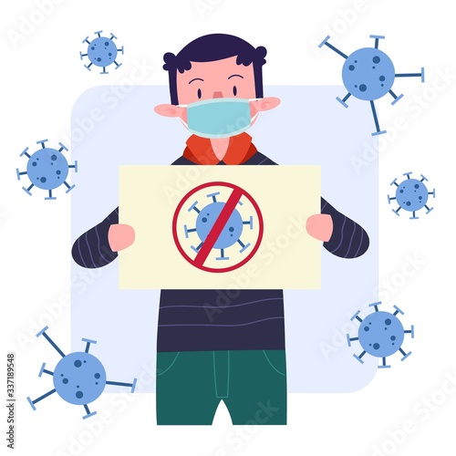 Young Man or Boy or Male or Person or Character Wearing Medical Mask With Virus Poster Design. Flat Illustration Concept. Isolated. Vector. EPS 10