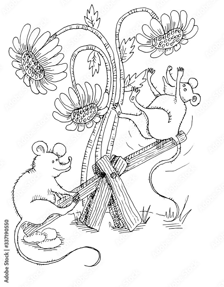 Obraz premium Black and white, hand-drawn, sketch, mouse on a swing, children's game, cheerful mood